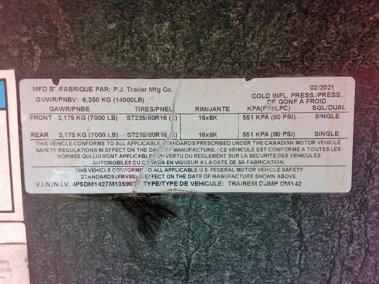 2021 Pj Dump Trlr VIN: 4P5DM1427M1359827 Lot: 62920555