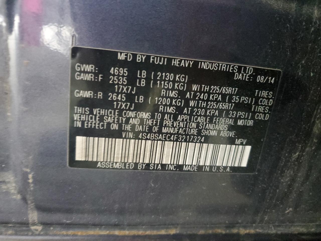 2015 Subaru Outback 2.5I Premium VIN: 4S4BSAEC4F3217324 Lot: 64405465