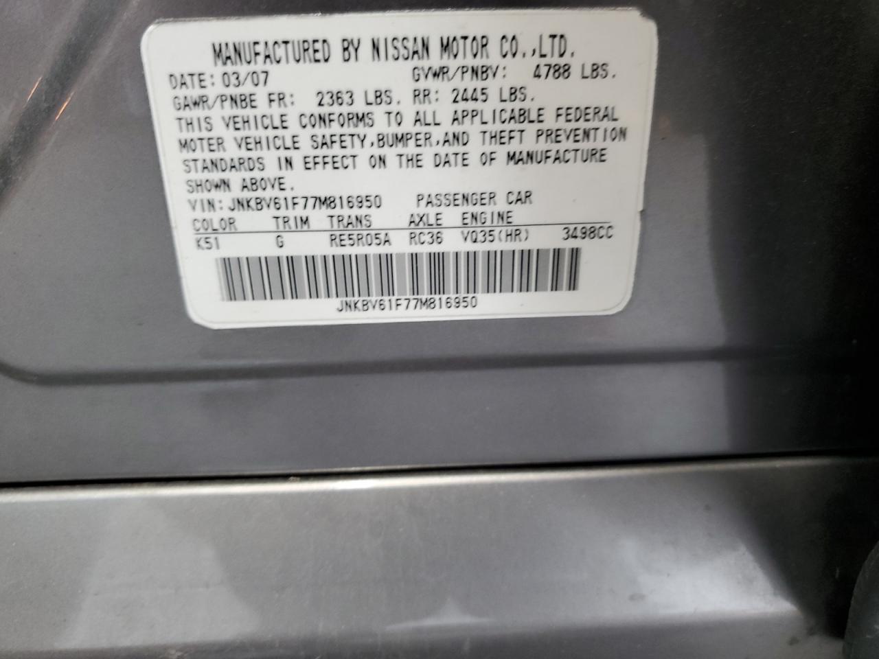 2007 Infiniti G35 VIN: JNKBV61F77M816950 Lot: 64100905