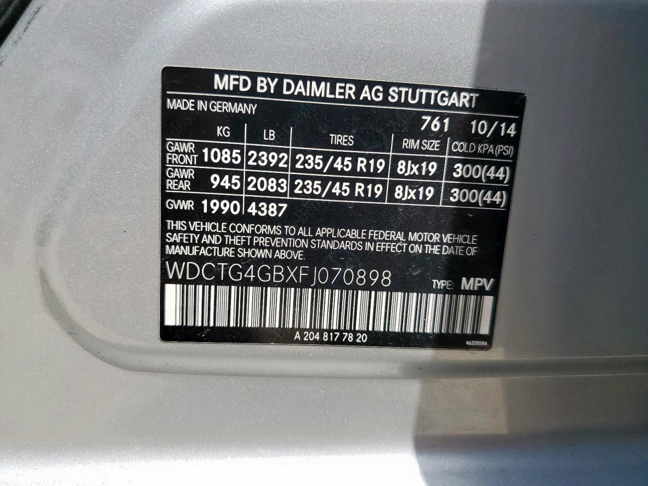 2015 Mercedes-Benz Gla 250 4Matic VIN: WDCTG4GBXFJ070898 Lot: 65185635
