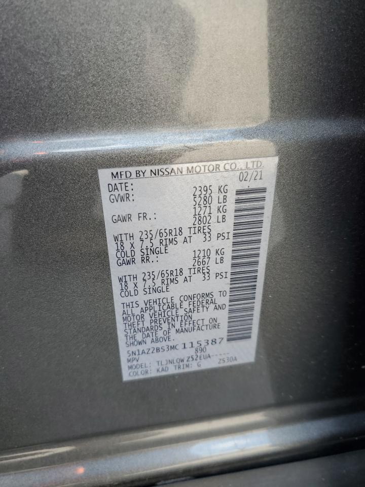 2021 Nissan Murano Sv VIN: 5N1AZ2BS3MC115387 Lot: 64133775