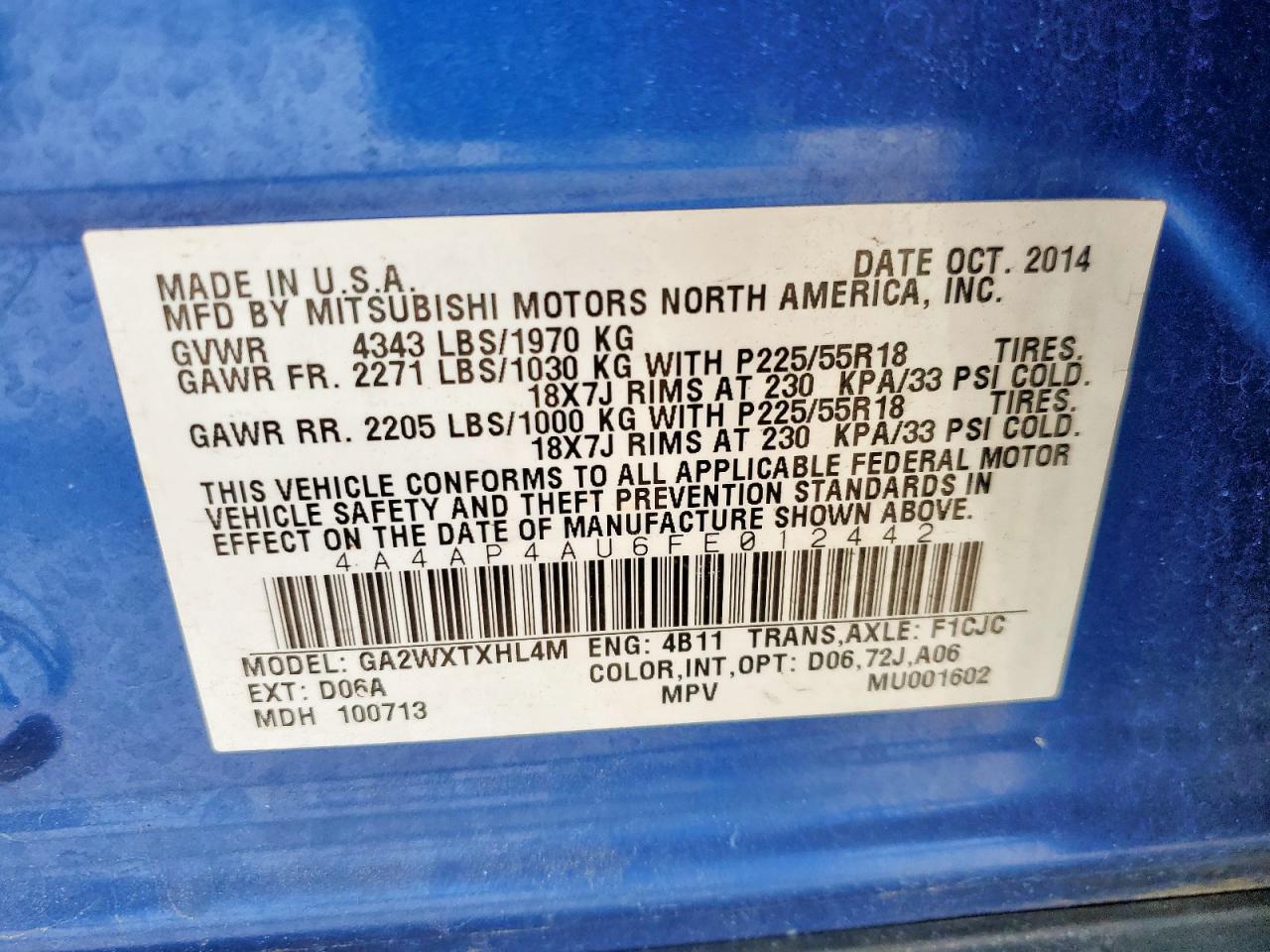 2015 Mitsubishi Outlander Sport Se VIN: 4A4AP4AU6FE012442 Lot: 64615945