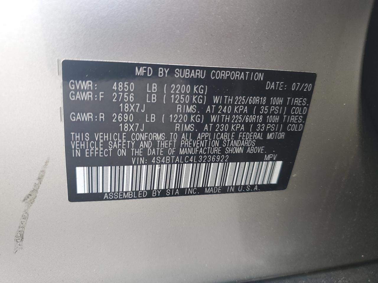 2020 Subaru Outback Limited VIN: 4S4BTALC4L3236922 Lot: 64625175