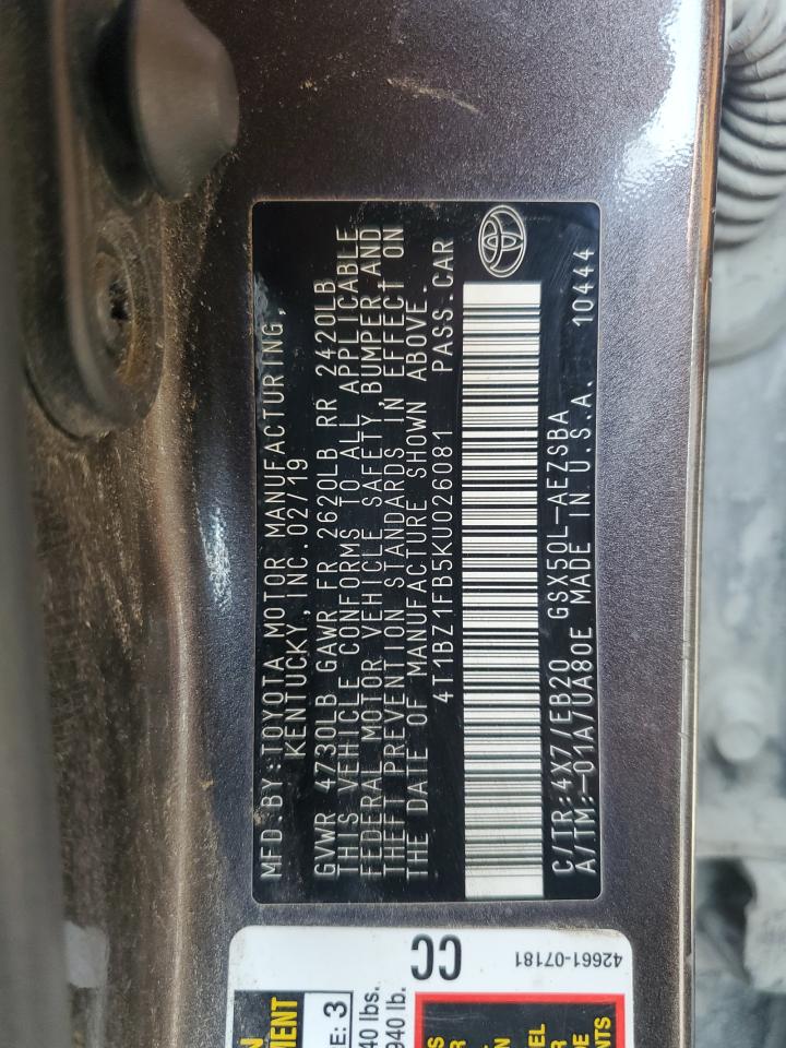2019 Toyota Avalon Xle VIN: 4T1BZ1FB5KU026081 Lot: 64568455