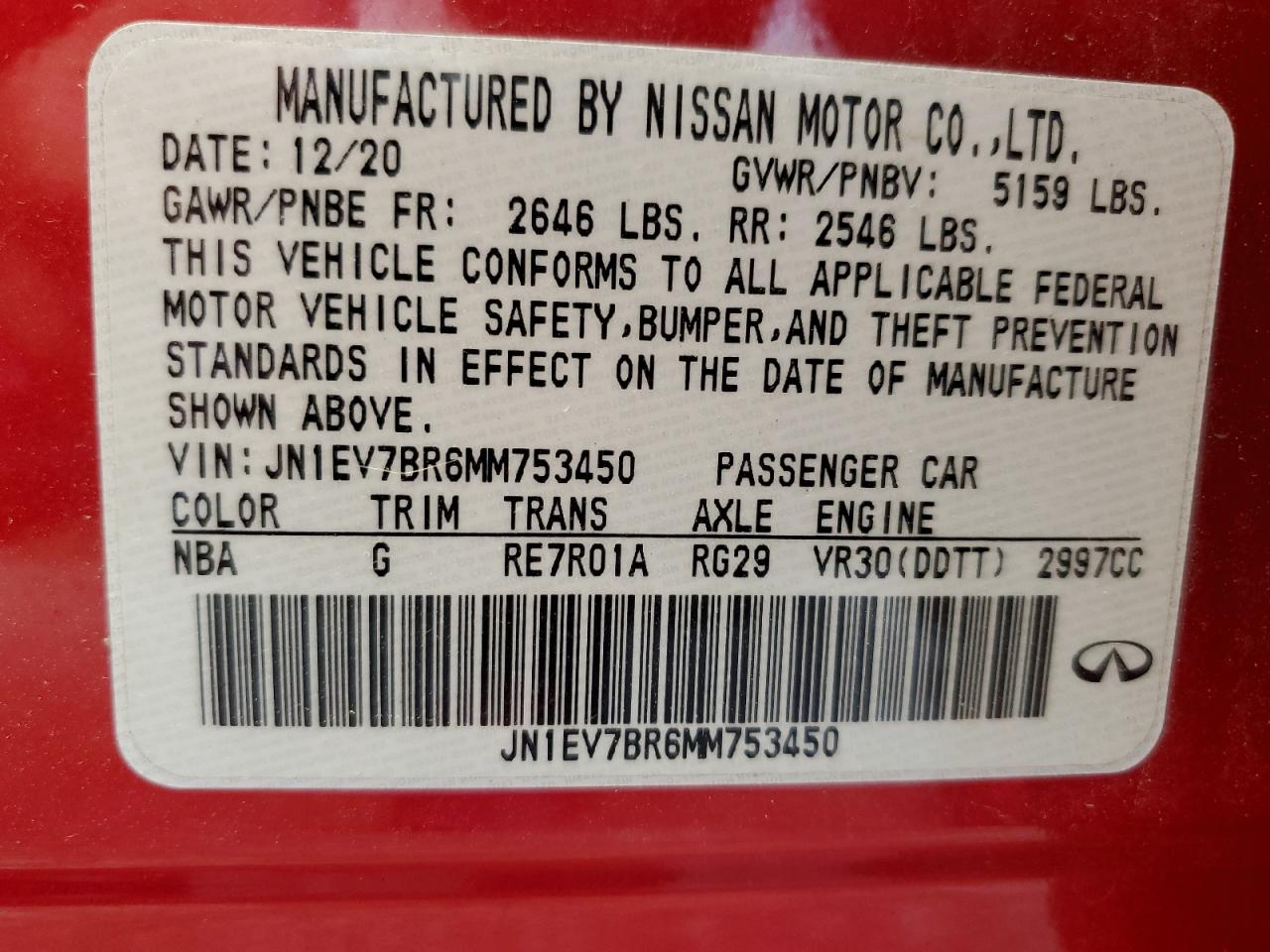 2021 Infiniti Q50 Luxe VIN: JN1EV7BR6MM753450 Lot: 64815265