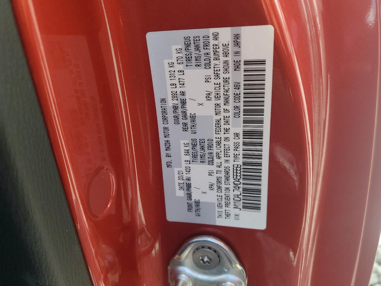 2021 Mazda Mx-5 Miata Club VIN: JM1NDAL74M0455559 Lot: 63622025