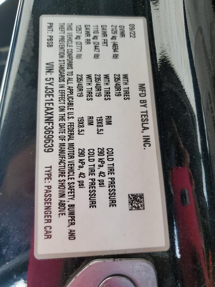 2022 Tesla Model 3 VIN: 5YJ3E1EAXNF369639 Lot: 63531545
