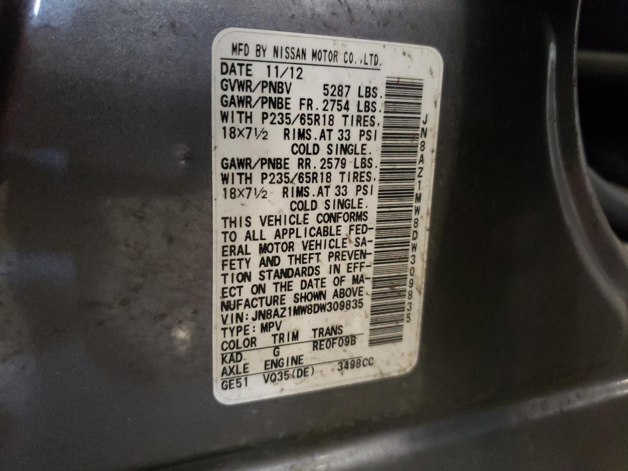 2013 Nissan Murano S VIN: JN8AZ1MW8DW309835 Lot: 63925465