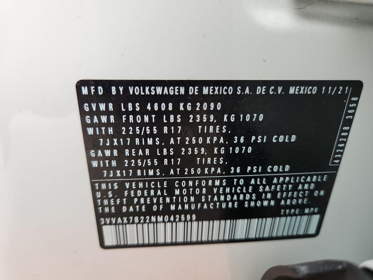 2022 Volkswagen Taos S VIN: 3VVAX7B22NM042599 Lot: 63507415