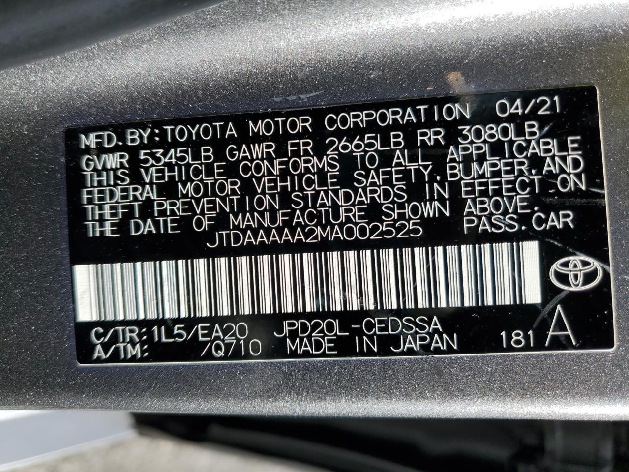 2021 Toyota Mirai Xle VIN: JTDAAAAA2MA002525 Lot: 64260935