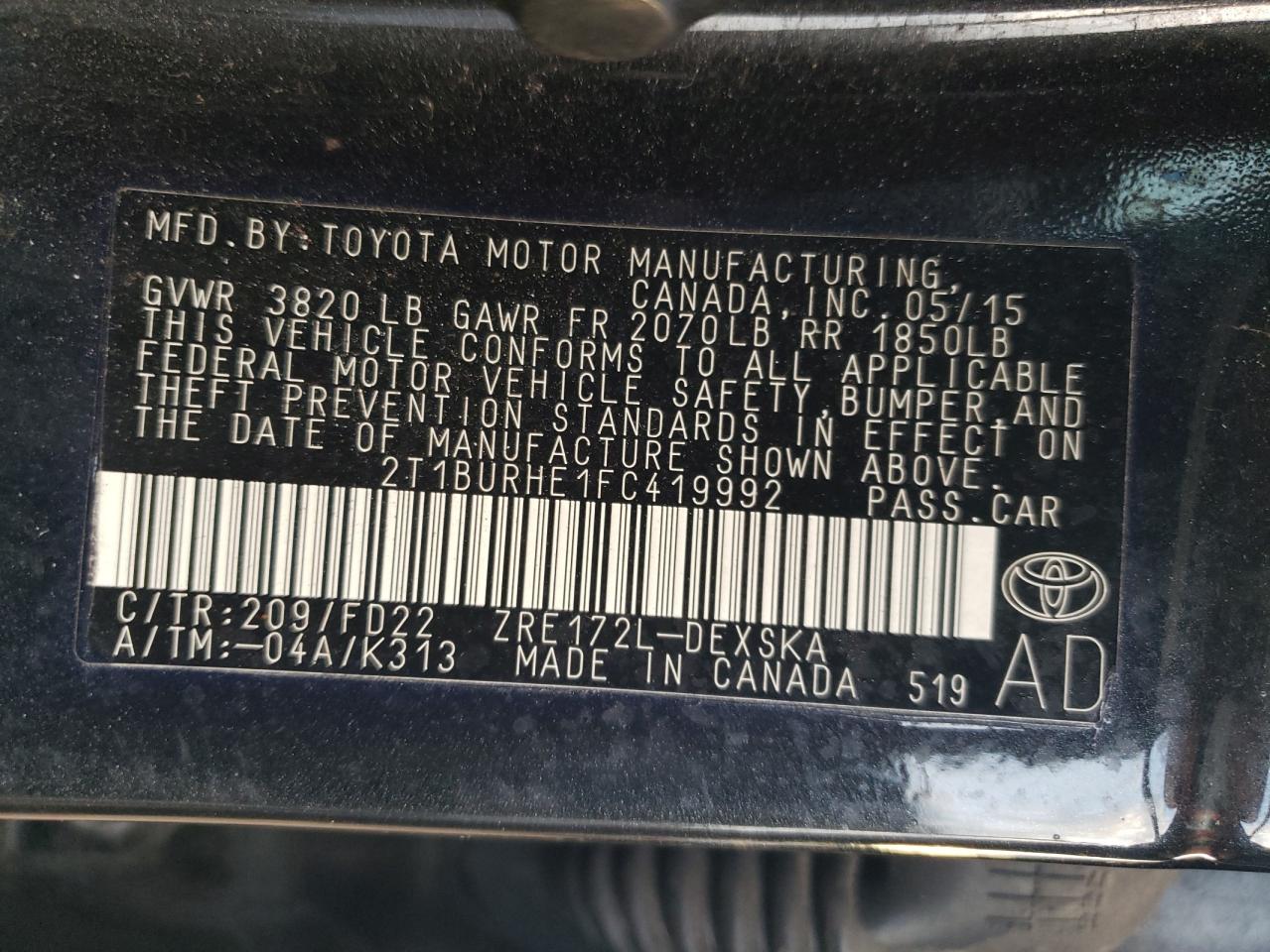 2015 Toyota Corolla L VIN: 2T1BURHE1FC419992 Lot: 64717055