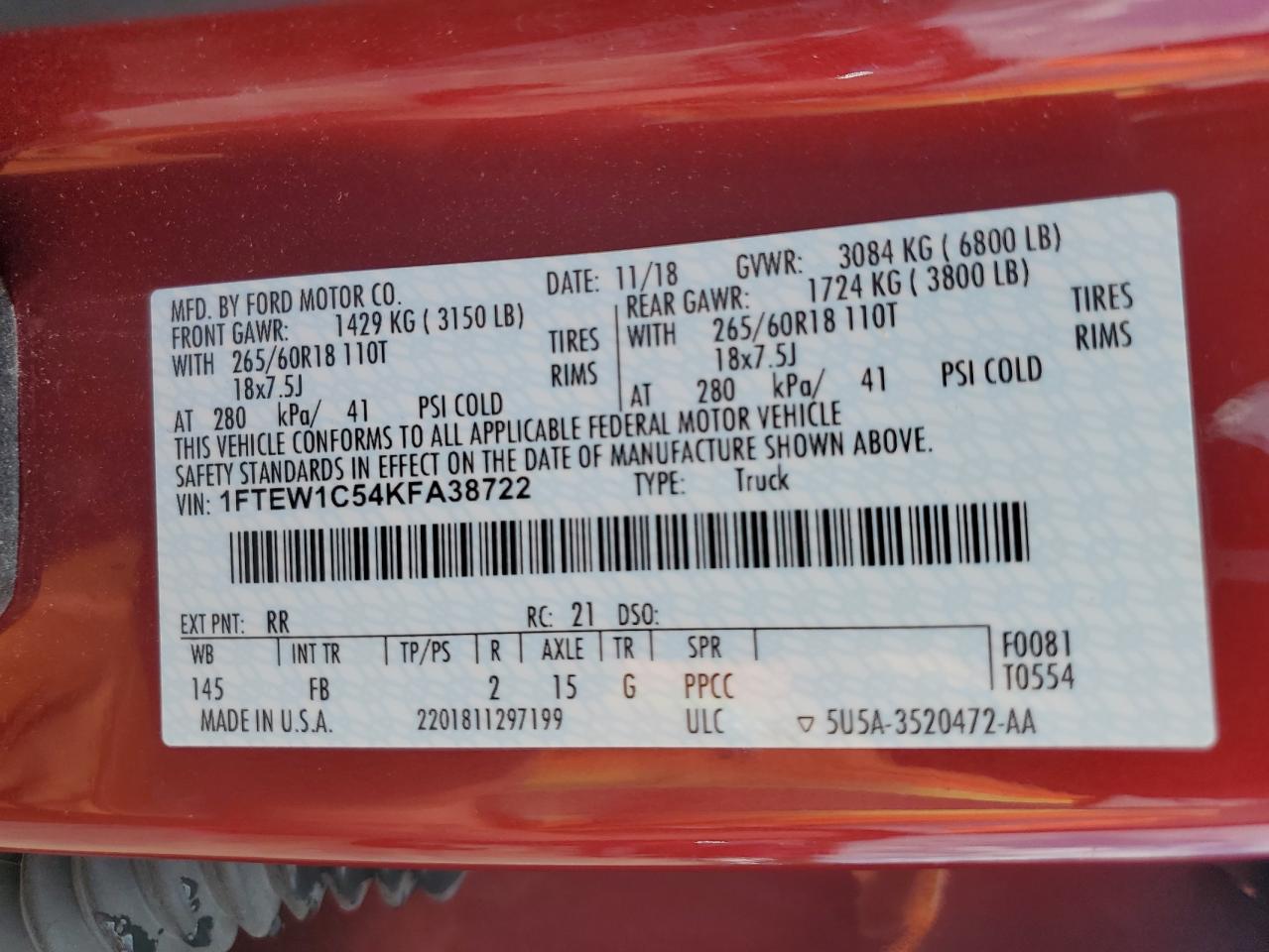 2019 Ford F150 Supercrew VIN: 1FTEW1C54KFA38722 Lot: 64946125