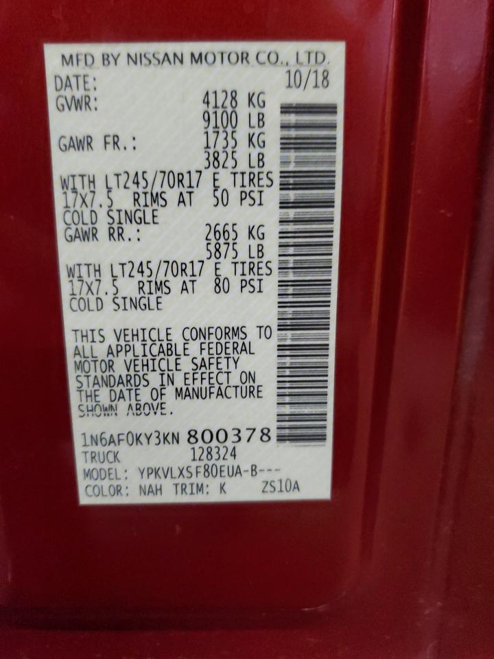 2019 Nissan Nv 2500 S VIN: 1N6AF0KY3KN800378 Lot: 65365195