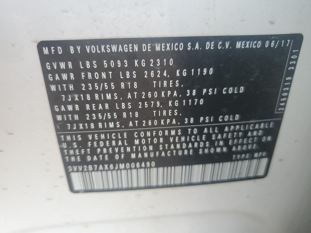 2018 Volkswagen Tiguan Se VIN: 3VV2B7AX6JM006490 Lot: 64978805