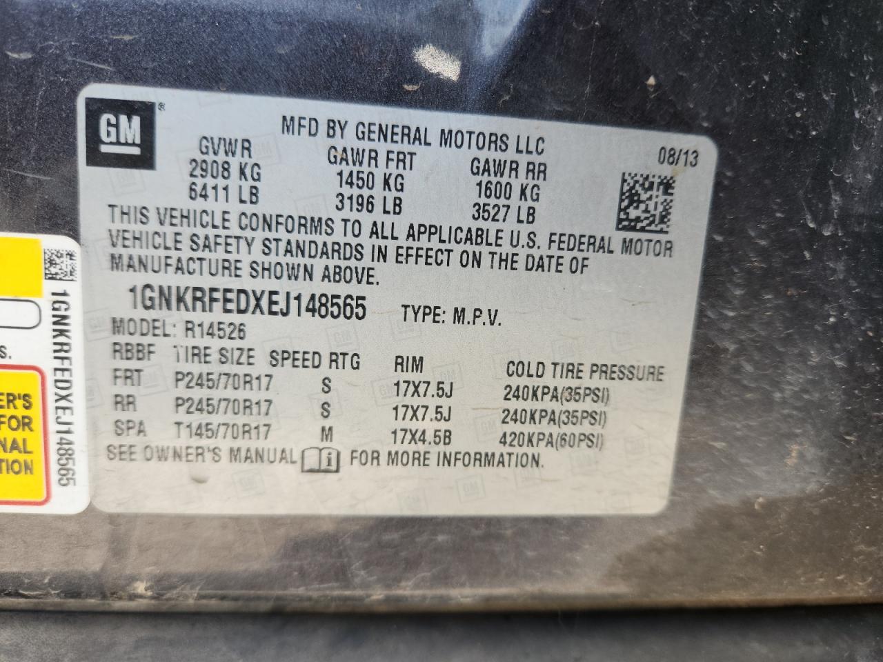 2014 Chevrolet Traverse Ls VIN: 1GNKRFEDXEJ148565 Lot: 65239305