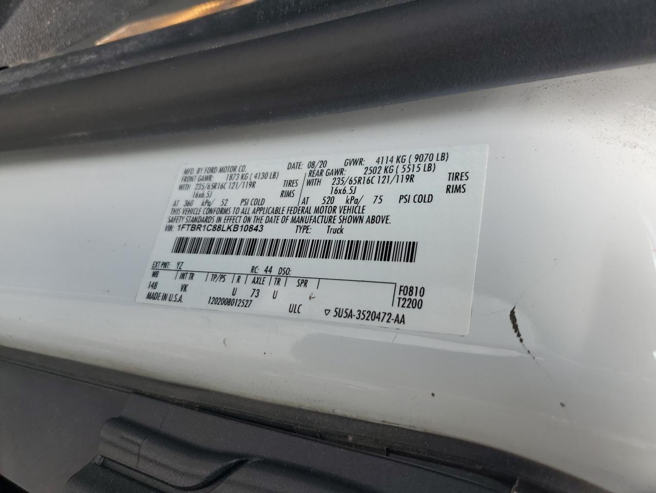 2020 Ford Transit T-250 VIN: 1FTBR1C88LKB10843 Lot: 63846235