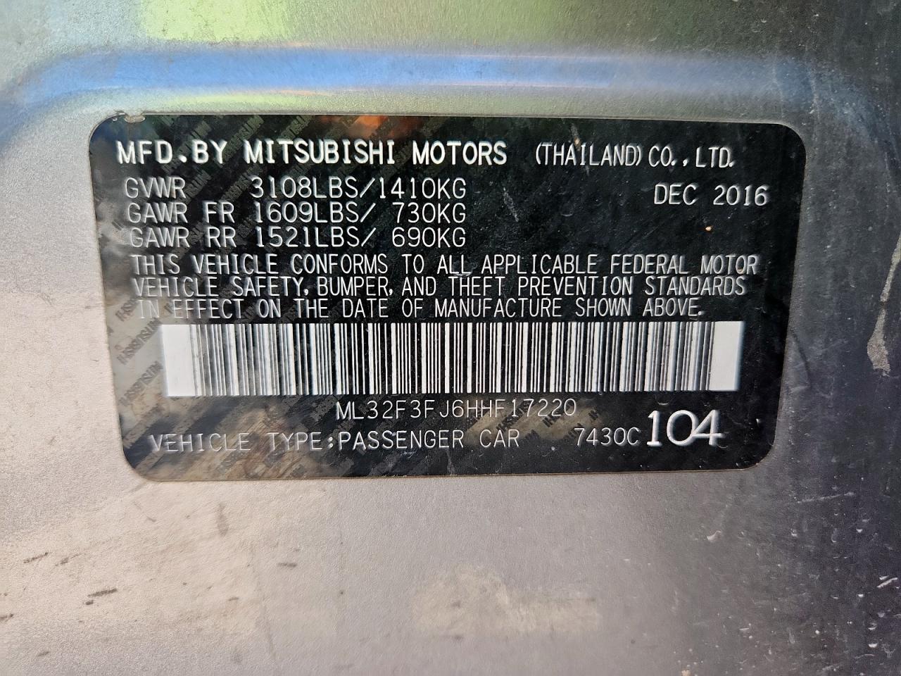 2017 Mitsubishi Mirage G4 Es VIN: ML32F3FJ6HHF17220 Lot: 65250415