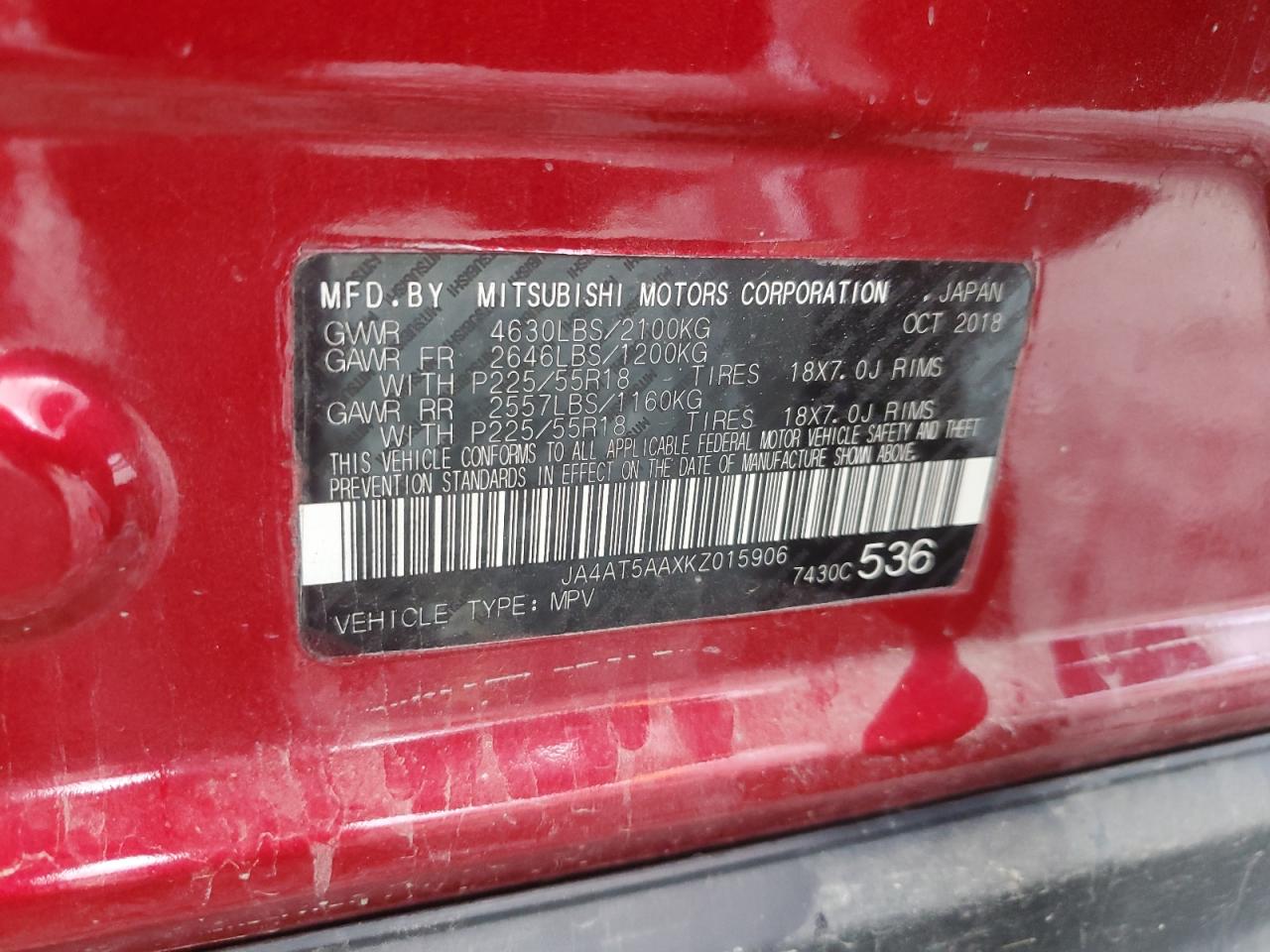 2019 Mitsubishi Eclipse Cross Se VIN: JA4AT5AAXKZ015906 Lot: 64582435