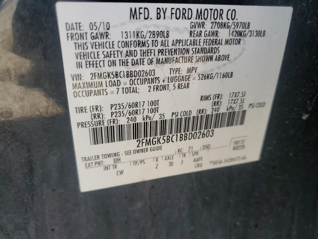 2011 Ford Flex Se VIN: 2FMGK5BC1BBD02603 Lot: 63910525