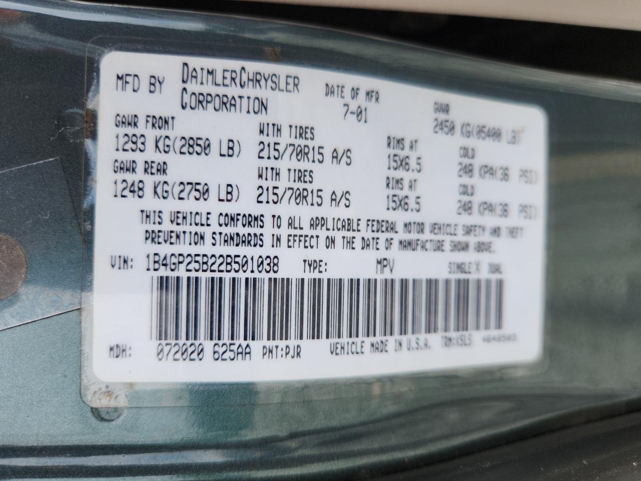 2002 Dodge Caravan Se VIN: 1B4GP25B22B501038 Lot: 64483675