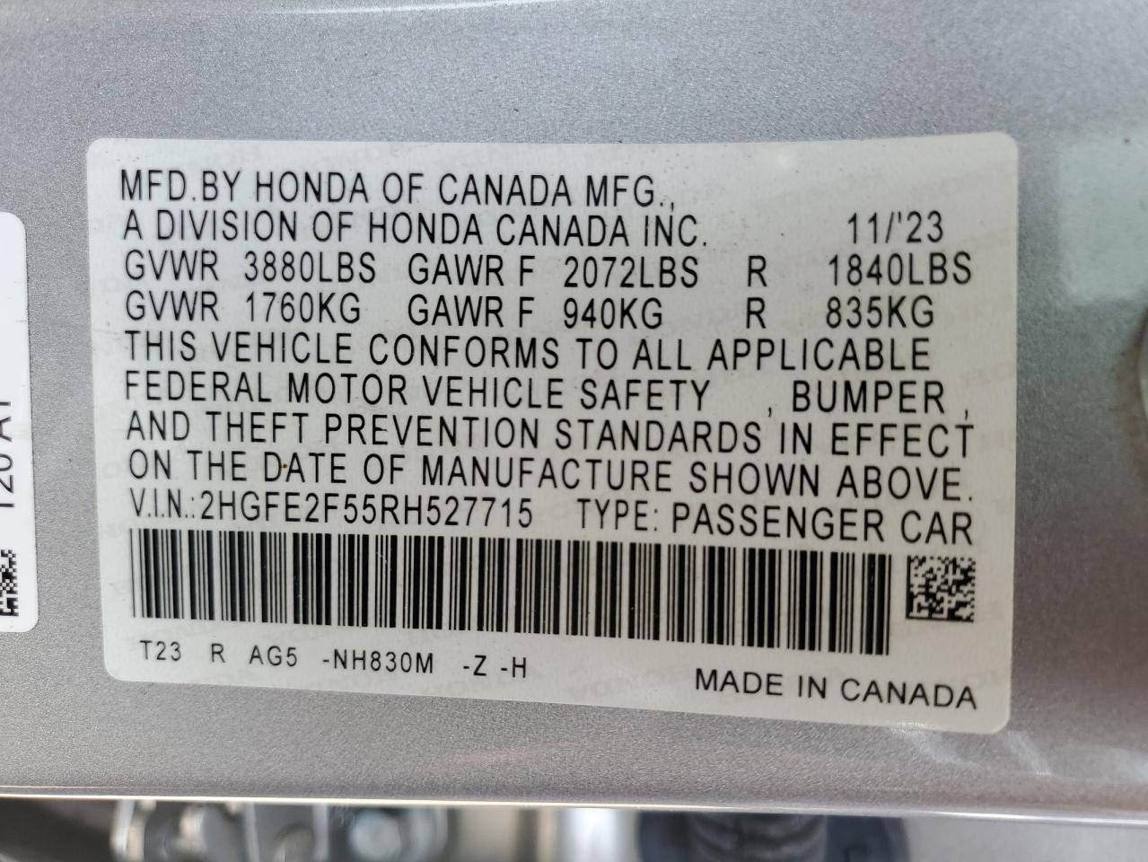 2024 Honda Civic Sport VIN: 2HGFE2F55RH527715 Lot: 64729755