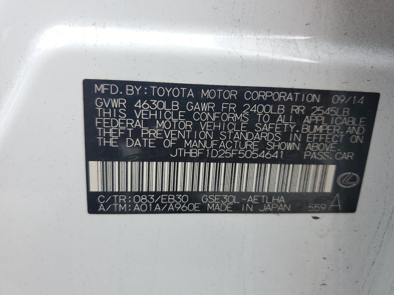 2015 Lexus Is 250 VIN: JTHBF1D25F5054641 Lot: 64335675