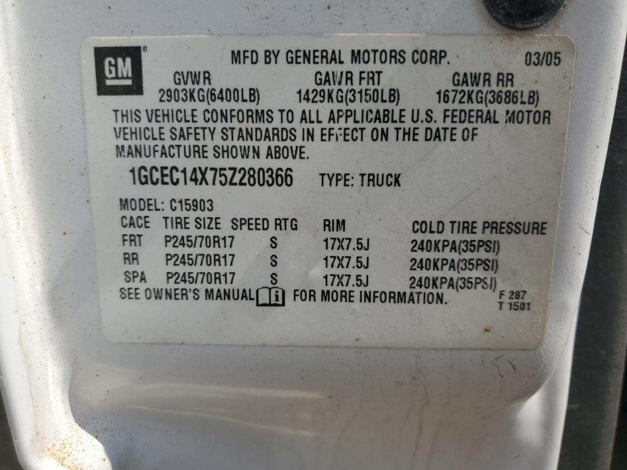 2005 Chevrolet Silverado C1500 VIN: 1GCEC14X75Z280366 Lot: 65042605