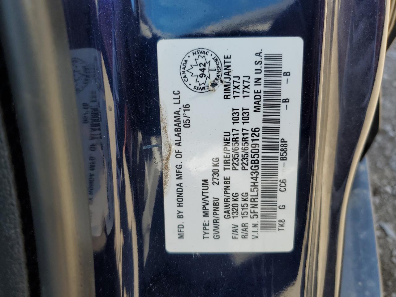 2016 Honda Odyssey Ex VIN: 5FNRL5H43GB509126 Lot: 64372125
