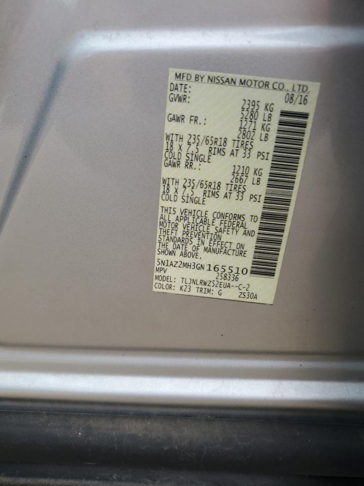 2016 Nissan Murano S VIN: 5N1AZ2MH3GN165510 Lot: 64244315