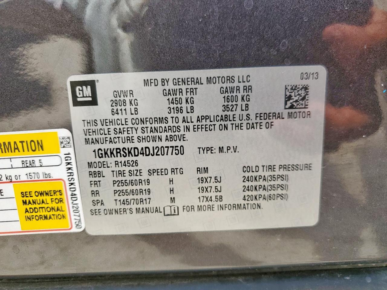 2013 GMC Acadia Slt-2 VIN: 1GKKRSKD4DJ207777 Lot: 63245635