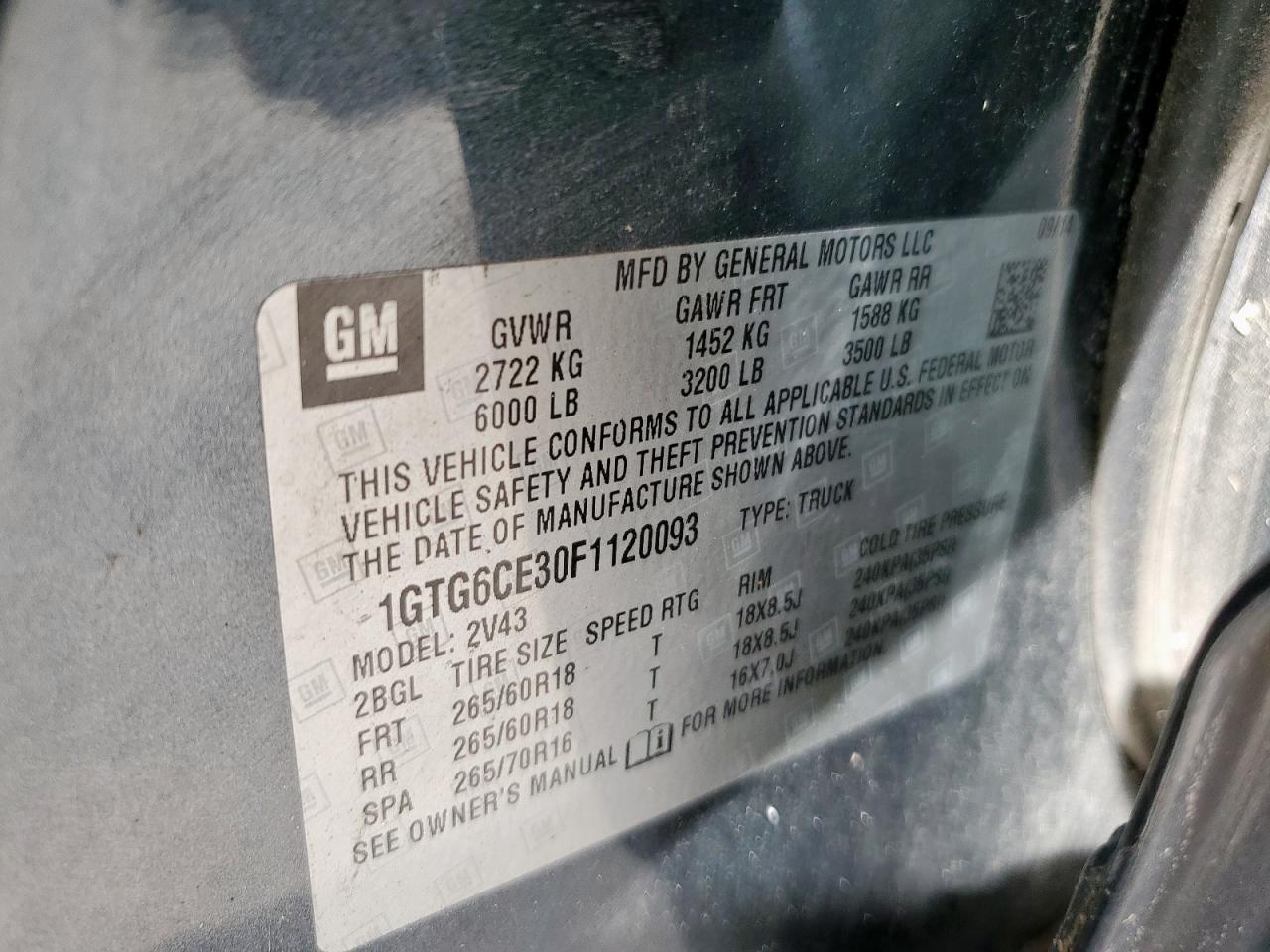 2015 GMC Canyon Slt VIN: 1GTG6CE30F1120093 Lot: 64187355