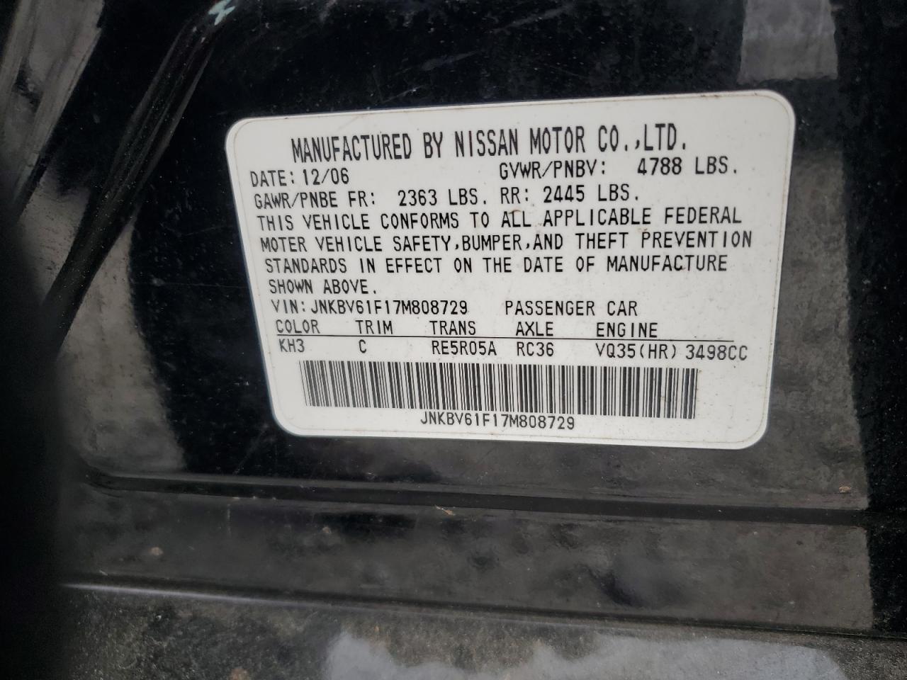 2007 Infiniti G35 VIN: JNKBV61F17M808729 Lot: 64263335