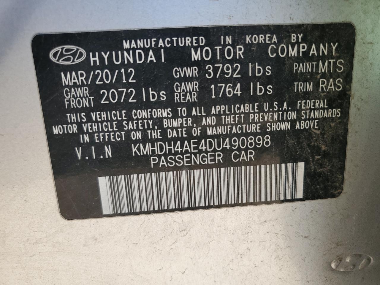 2013 Hyundai Elantra Gls VIN: KMHDH4AE4DU490898 Lot: 64283345