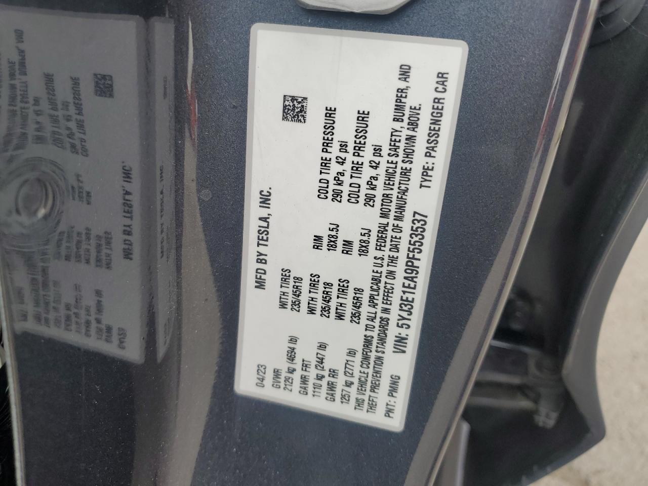 2023 Tesla Model 3 VIN: 5YJ3E1EA9PF553537 Lot: 80538985