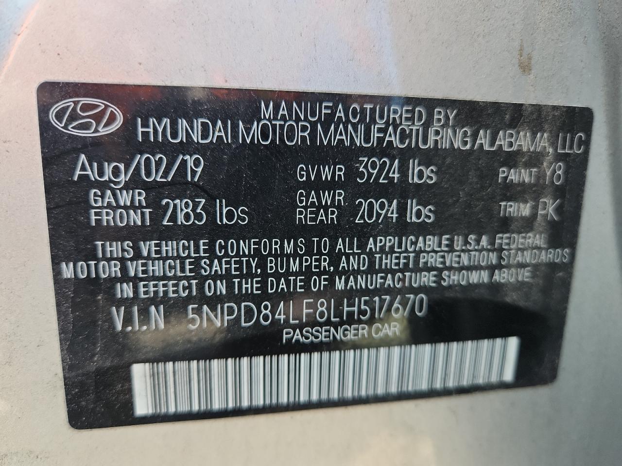 2020 Hyundai Elantra Sel VIN: 5NPD84LF8LH517670 Lot: 64754525