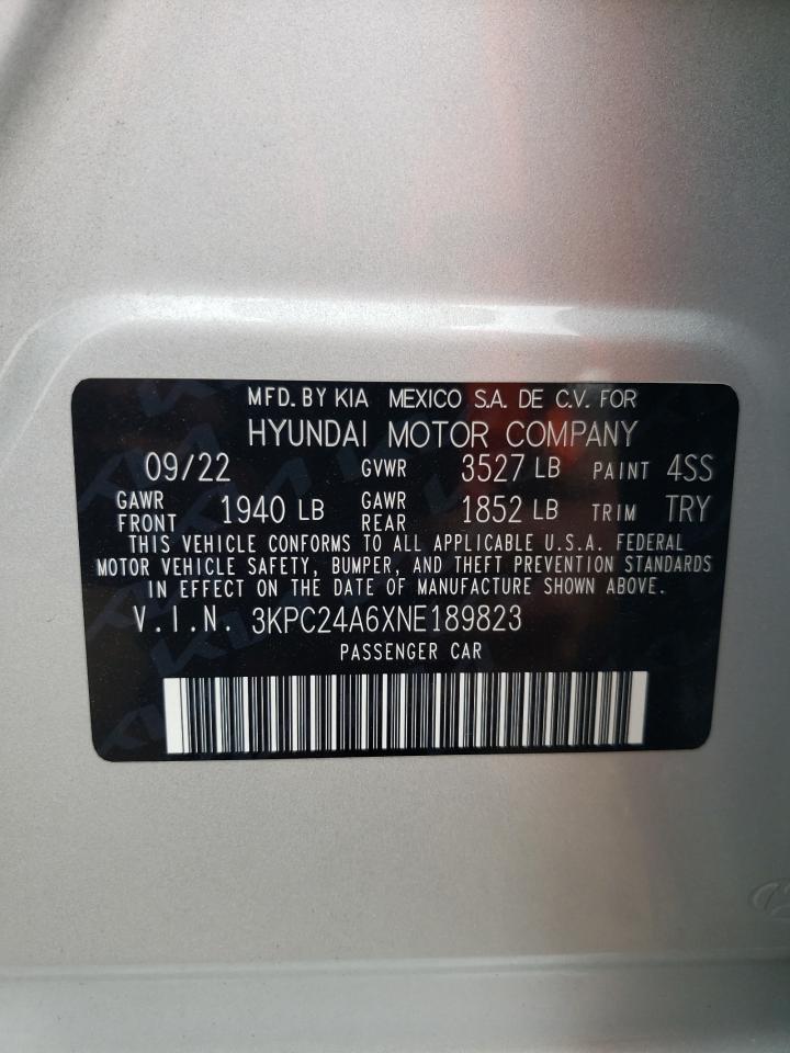2022 Hyundai Accent Se VIN: 3KPC24A6XNE189823 Lot: 65405825