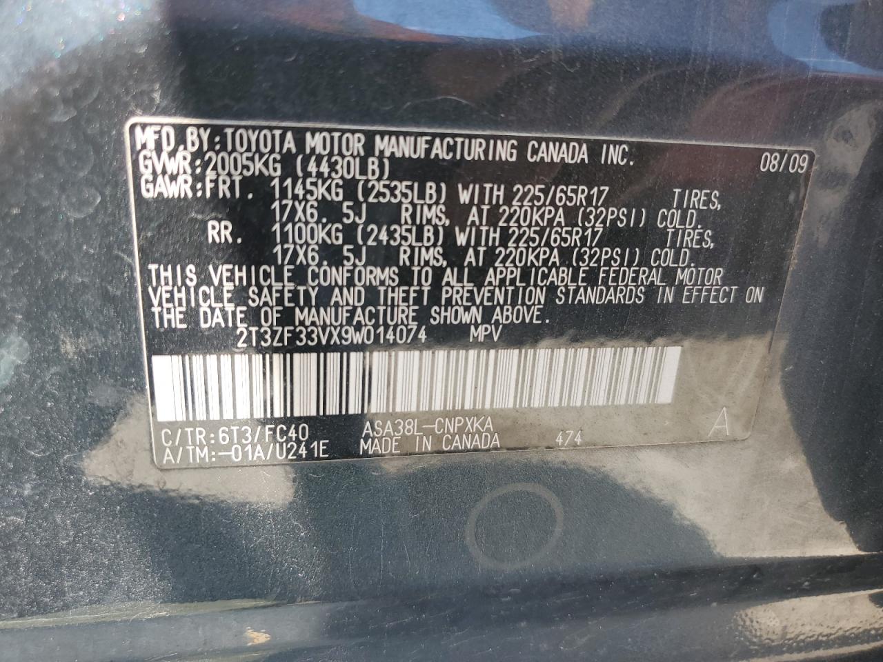 2009 Toyota Rav4 VIN: 2T3ZF33VX9W014074 Lot: 64277255