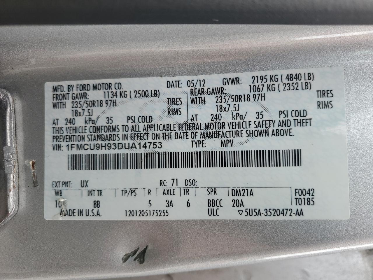 2013 Ford Escape Sel VIN: 1FMCU9H93DUA14753 Lot: 65190495
