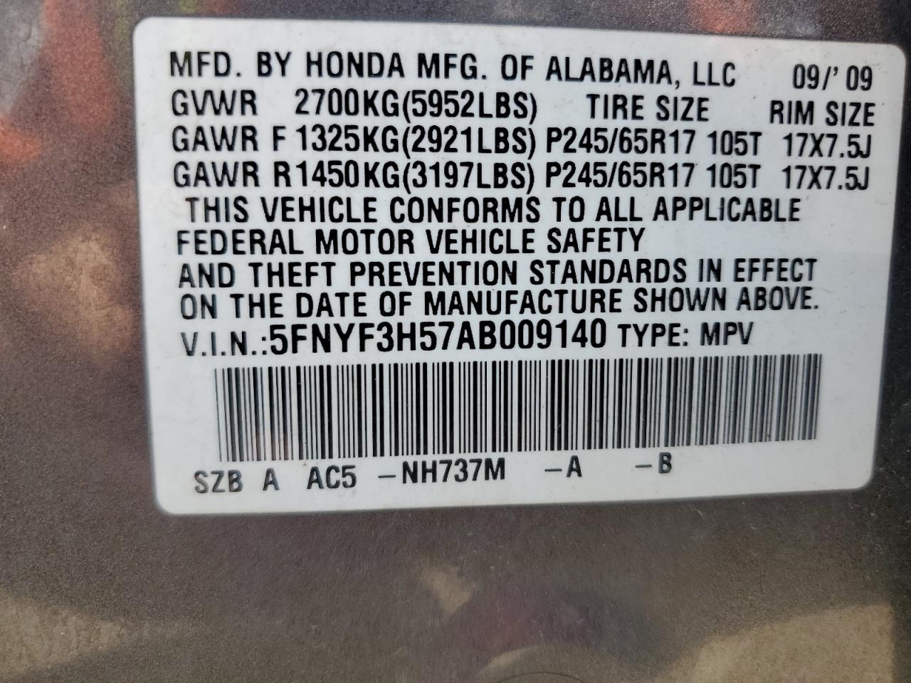 2010 Honda Pilot Exl VIN: 5FNYF3H57AB009140 Lot: 64625585