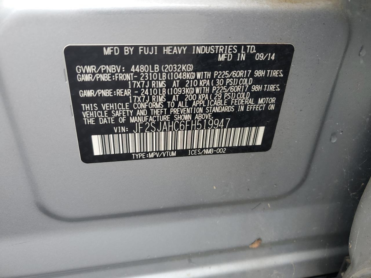 2015 Subaru Forester 2.5I Limited VIN: JF2SJAHC6FH519947 Lot: 64562765