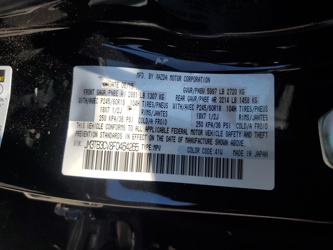 2015 Mazda Cx-9 Touring VIN: JM3TB3CV8F0464265 Lot: 64359885