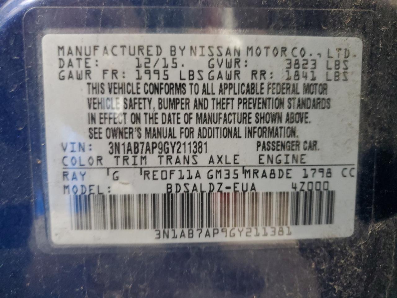 2016 Nissan Sentra S VIN: 3N1AB7AP9GY211381 Lot: 65264925