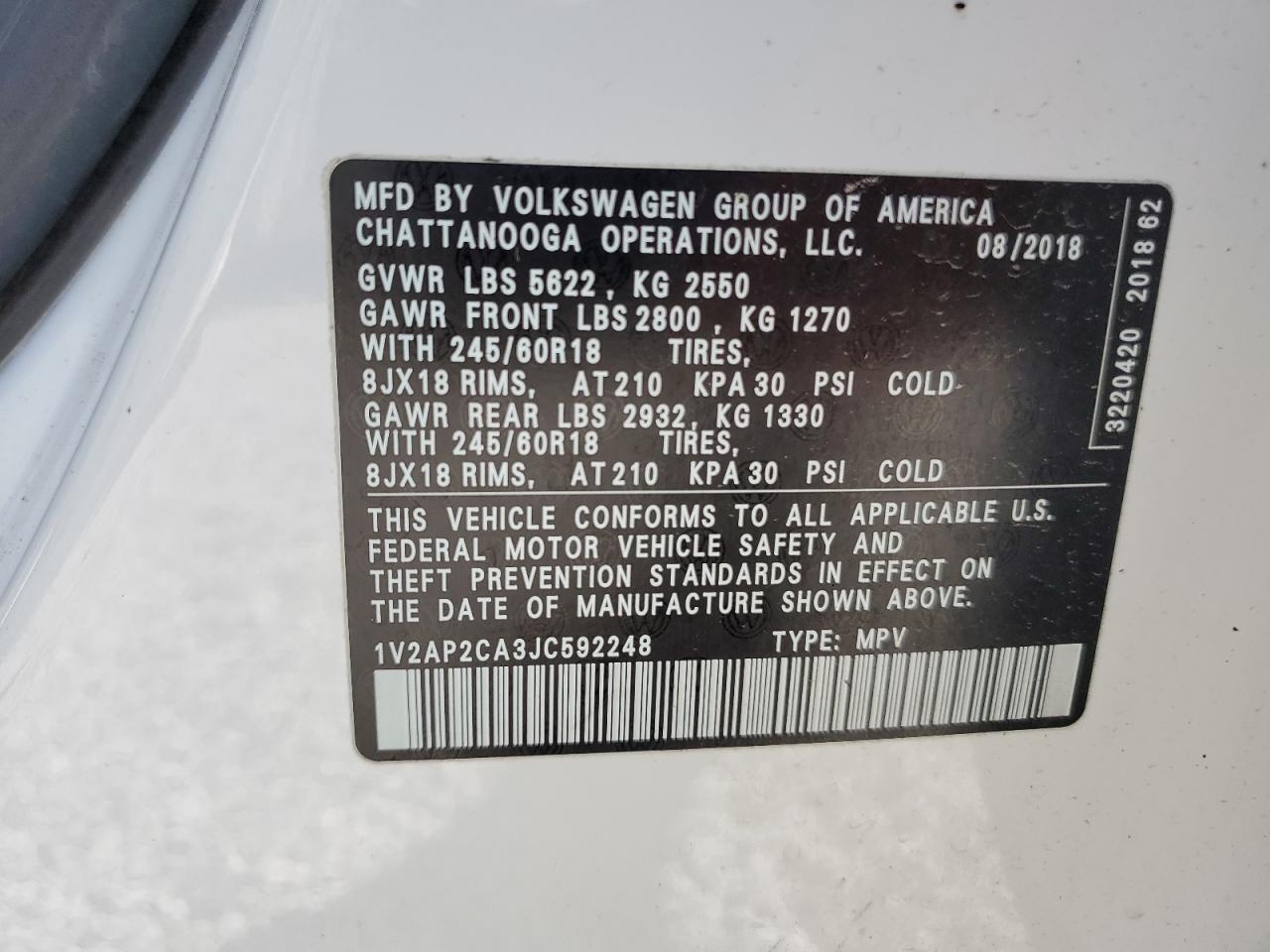 2018 Volkswagen Atlas S VIN: 1V2AP2CA3JC592248 Lot: 63429485