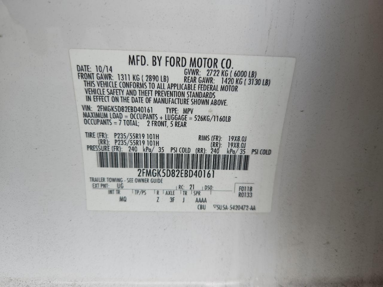 2014 Ford Flex Limited VIN: 2FMGK5D82EBD40161 Lot: 64467595