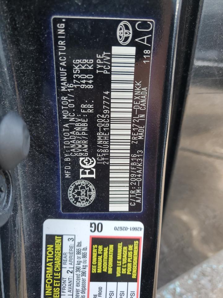 2016 Toyota Corolla L VIN: 2T1BURHE1GC597774 Lot: 65215755