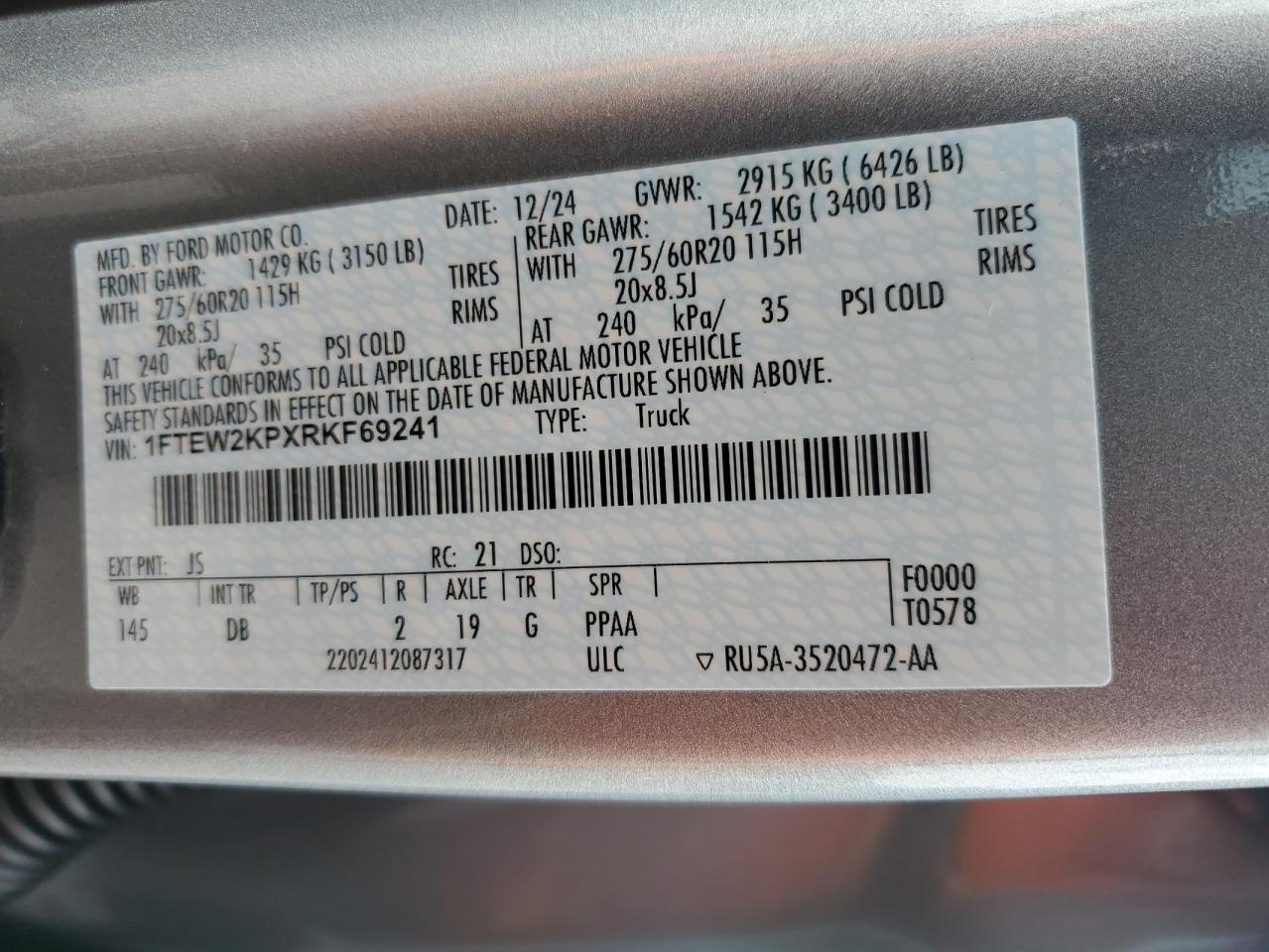 2024 Ford F150 Stx VIN: 1FTEW2KPXRKF69241 Lot: 63553105