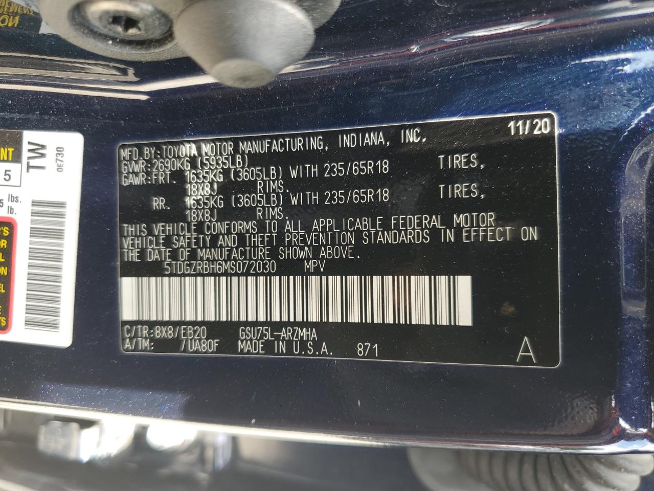 2021 Toyota Highlander Xle VIN: 5TDGZRBH6MS072030 Lot: 64492795