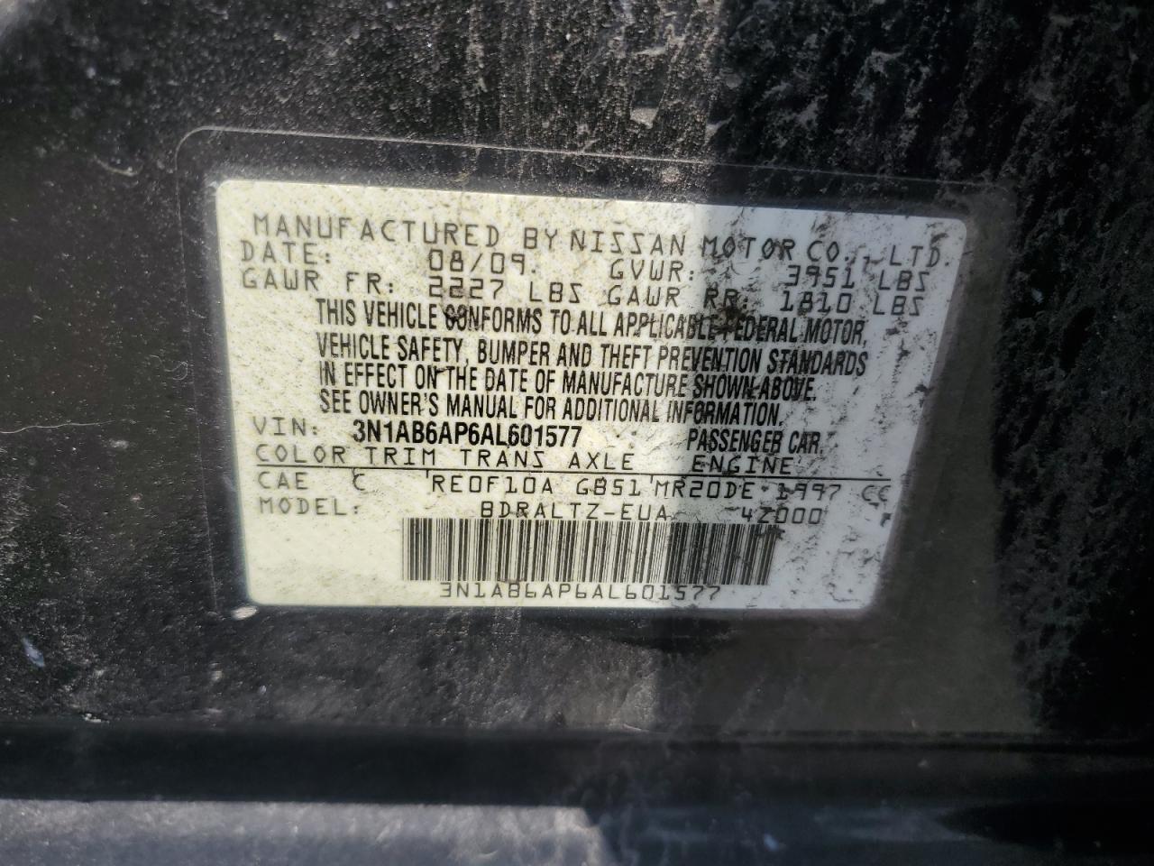 2010 Nissan Sentra 2.0 VIN: 3N1AB6AP6AL601577 Lot: 62786995