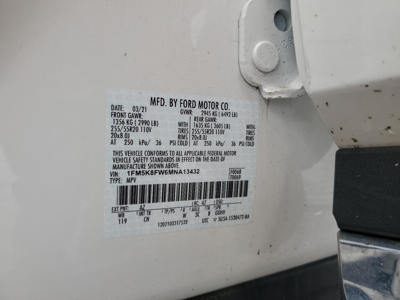 2021 Ford Explorer Limited VIN: 1FM5K8FW6MNA13432 Lot: 63597195