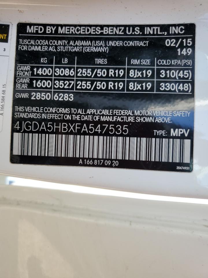 2015 Mercedes-Benz Ml 350 4Matic VIN: 4JGDA5HBXFA547535 Lot: 63446395